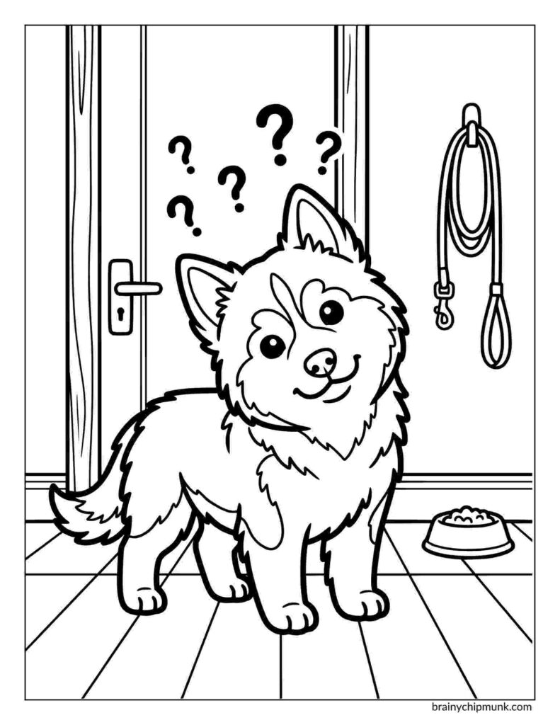 42 Cute Husky Coloring Pages Coloring page of a husky dog standing inside with a confused expression, surrounded by question marks. A leash hangs on the wall, and a bowl is on the floor.