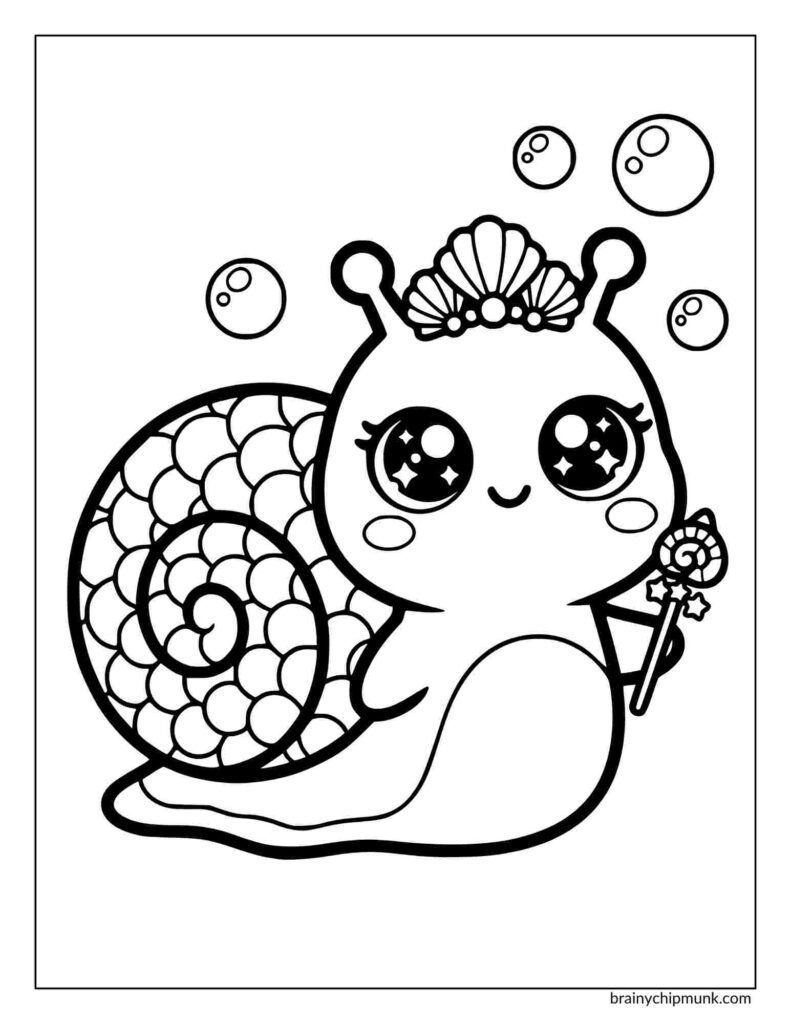 Coloring page with cute mermaid snail with a spiral shell and starry eyes, holding a wand. It wears a seashell crown, surrounded by bubbles, conveying a magical, joyful atmosphere.