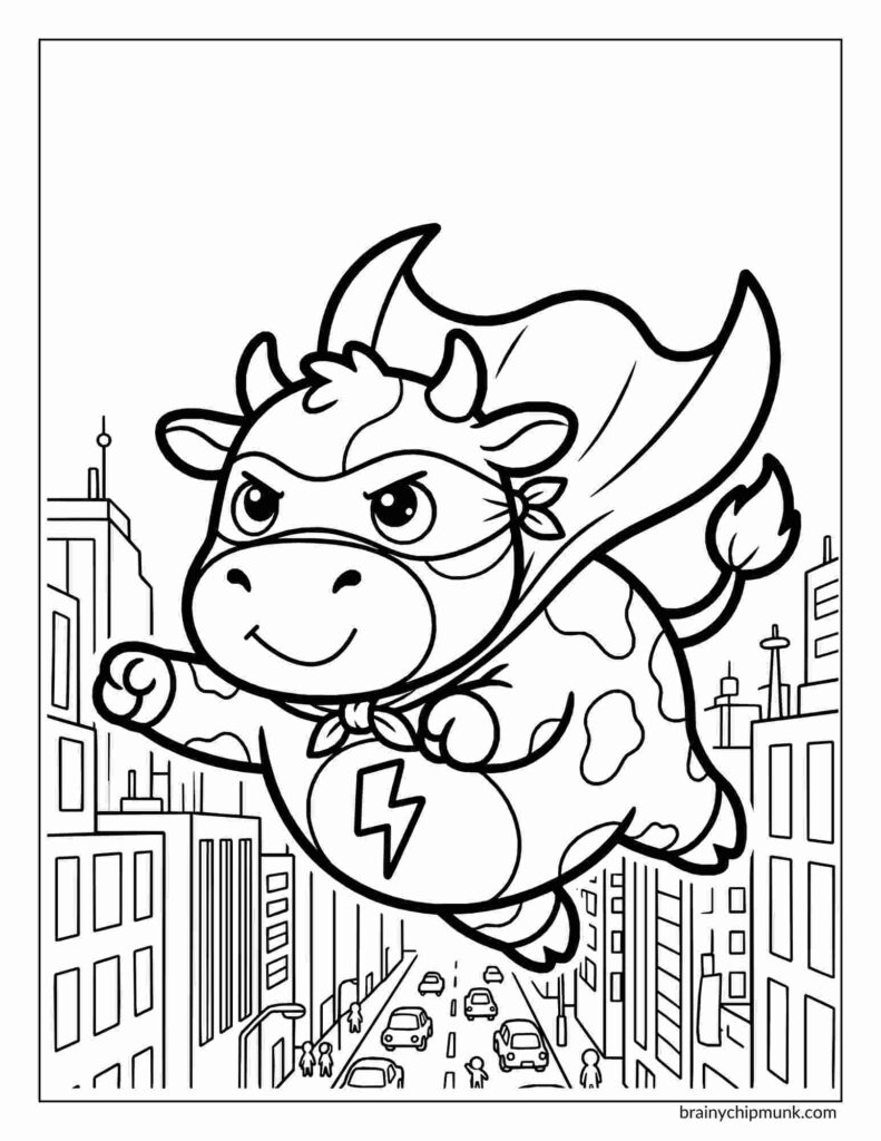 25 Super Cute Cow Coloring Pages Coloring page of a cow superhero with a mask and cape flying over a city. It has a determined expression, with a lightning bolt on its chest. Fun and whimsical.