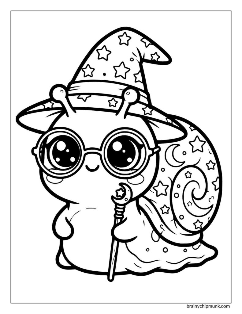 Cute snail wizard coloring page with big eyes and glasses, wearing a starry wizard hat and holding a crescent-topped staff. Its shell features stars and moons.