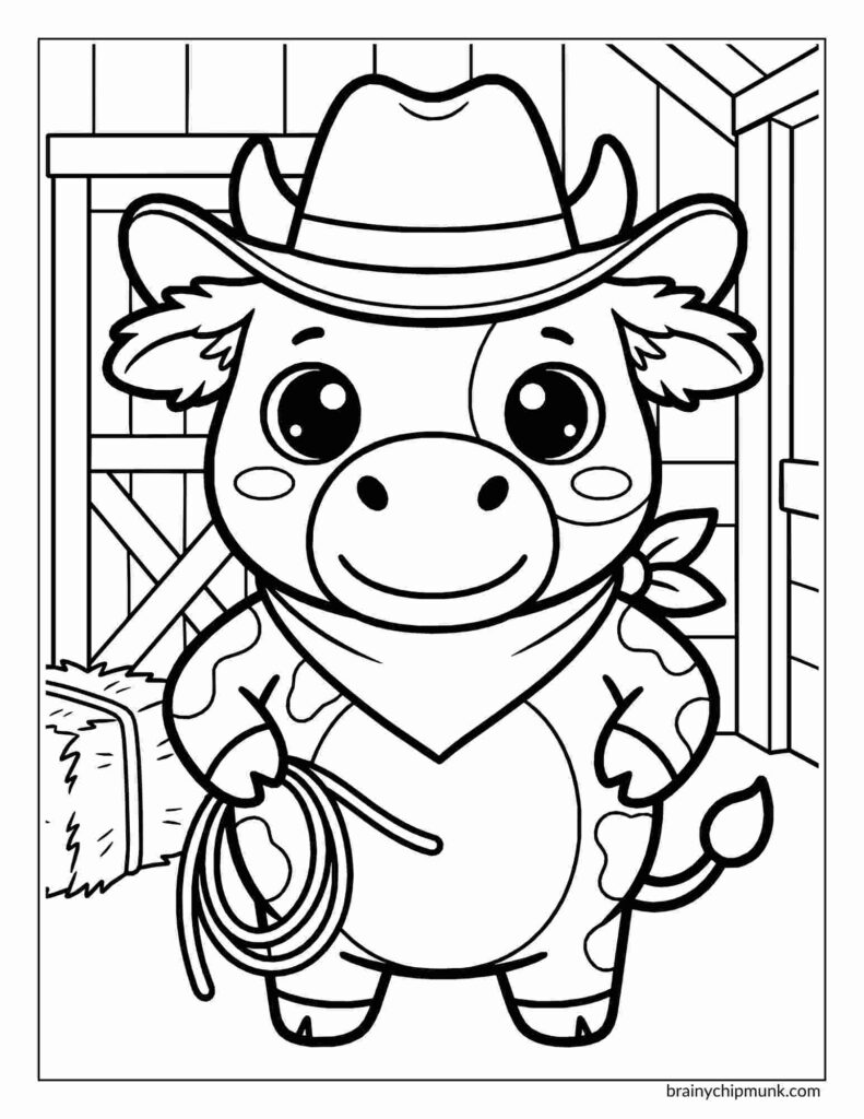 25 Super Cute Cow Coloring Pages Cute coloring page of a cow dressed as a cowboy, wearing a hat and bandana, holding a lasso. Background features a barn with hay bales. Playful tone.