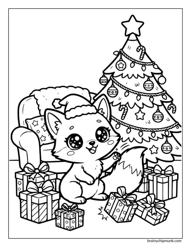 Coloring page of a fox wearing a Santa hat, sitting by a Christmas tree decorated with ornaments. Presents are scattered around, creating a festive atmosphere.
