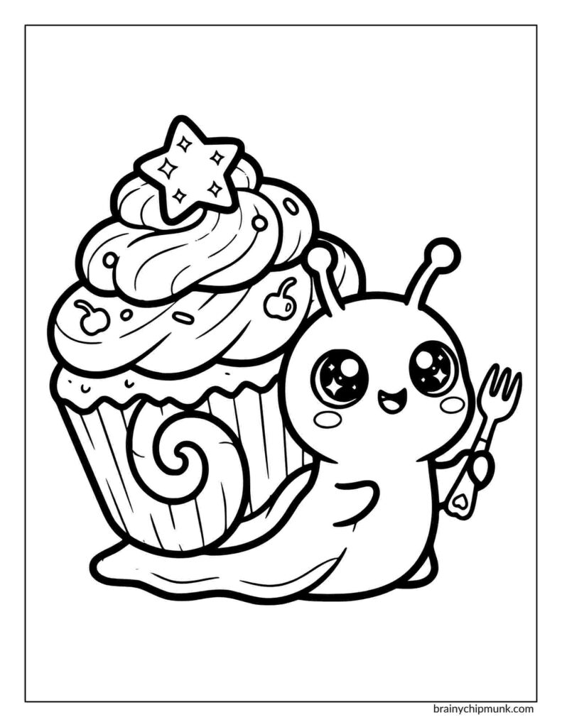 Coloring page of a cute snail with big eyes smiles while holding a fork next to a large, decorated cupcake topped with a star. The scene is playful and whimsical.
