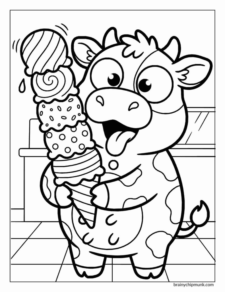 25 Super Cute Cow Coloring Pages Coloring page of a cute cow with a joyful expression holds a giant ice cream cone with multiple scoops, standing indoors on a tiled floor.