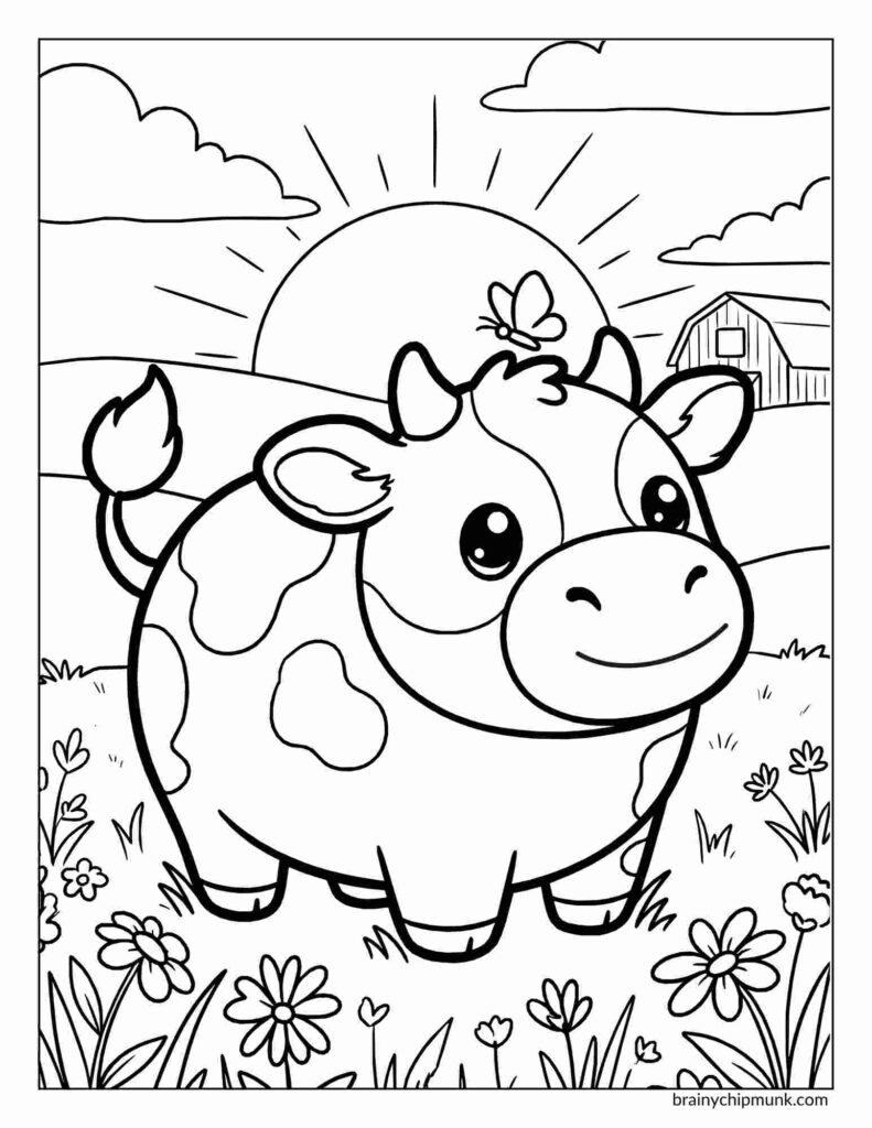 25 Super Cute Cow Coloring Pages Coloring page of a cow in a field with flowers, smiling under a rising sun. A barn and clouds are in the background. A butterfly sits on its head.