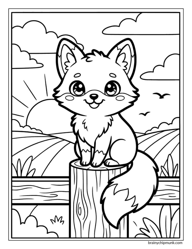 Coloring page of a cute fox sitting on a wooden post in a countryside setting. The sun sets behind rolling hills and clouds, conveying a peaceful, serene scene.