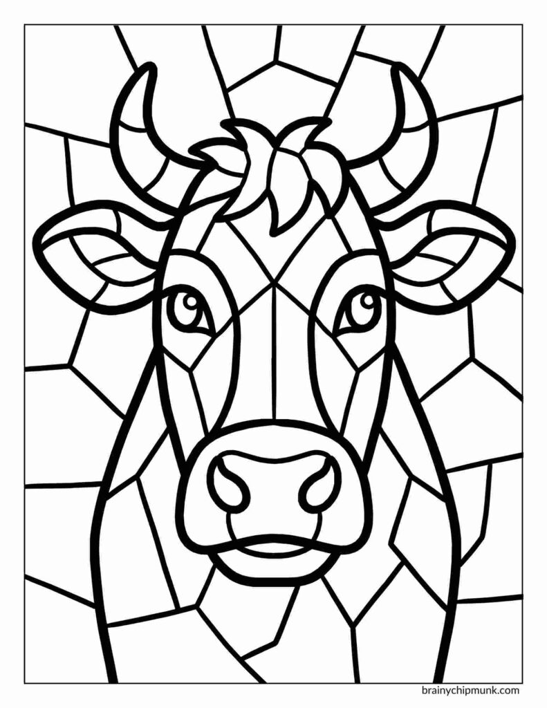 25 Super Cute Cow Coloring Pages Stained glass cow coloring page with bold black outlines. The cow's face is central, framed by abstract geometric shapes, conveying a modern artistic tone.