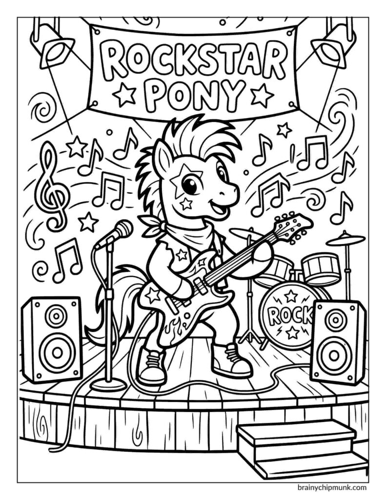 Coloring page featuring a Pony playing electric guitar on stage with drum kit, speakers, and a "Rockstar Pony" banner. Musical notes surround, creating energetic vibe.