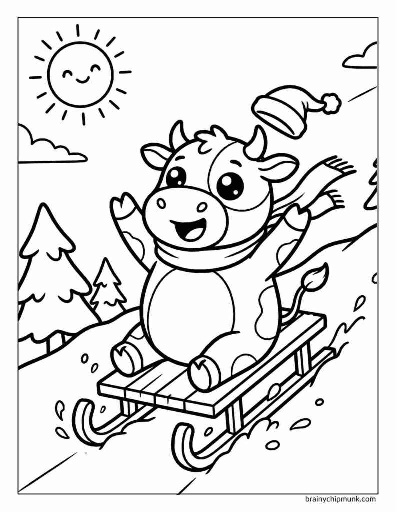 25 Super Cute Cow Coloring Pages Cute cow sledding down a snowy hill, wearing a scarf, with a fallen hat nearby coloring page . The sun with a smiling face shines above. Pine trees in the background.
