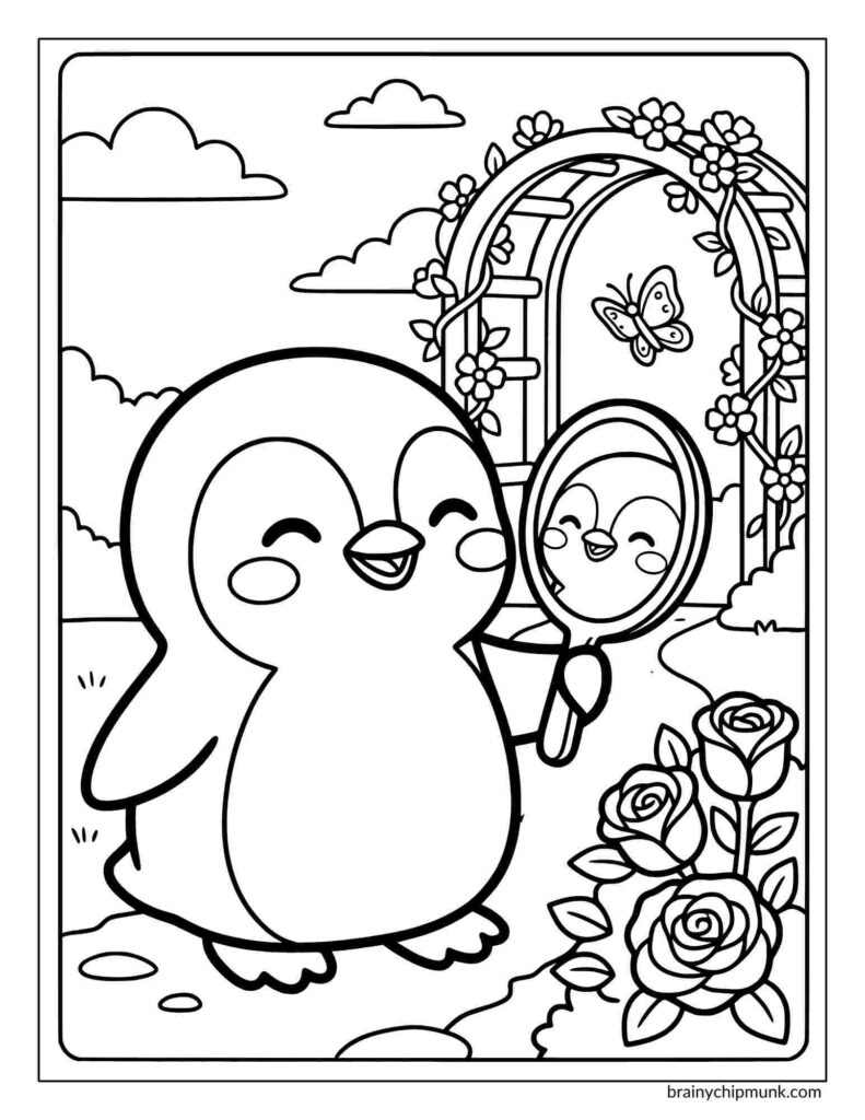 A cheerful penguin holds a mirror in a flower garden coloring page. A butterfly flutters near an archway covered in blooms, under a partly cloudy sky.