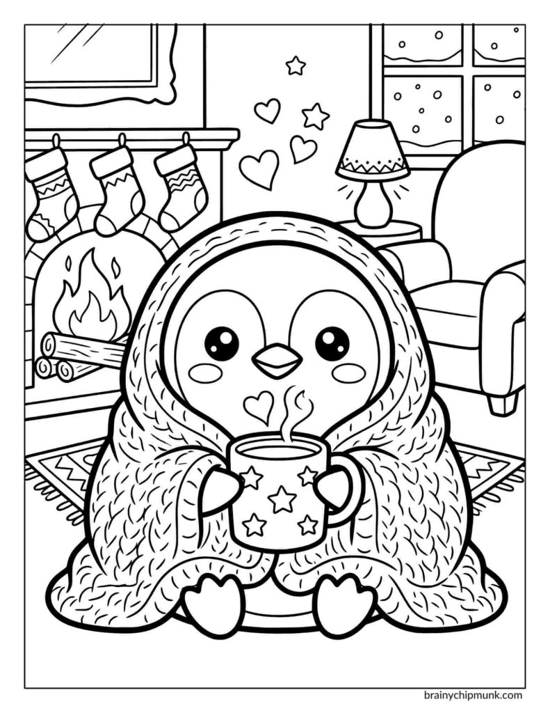 A cute penguin coloring page, penguin is wrapped in a cozy blanket holds a steaming mug. It sits by a warm fireplace with stockings and a nearby lamp, conveying a cozy winter vibe.