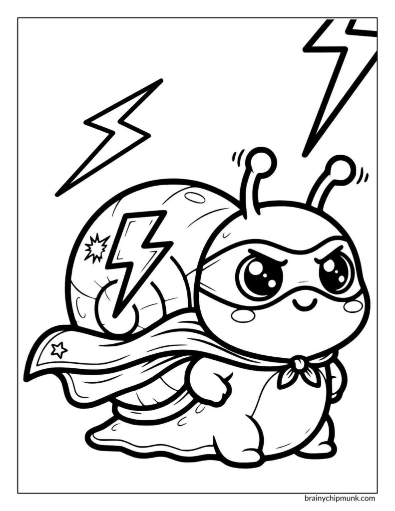 A  fictional coloring page of a snail in which a cute, cartoon snail wearing a superhero mask and cape stands confidently. Lightning bolts surround it, emphasizing its heroic theme.