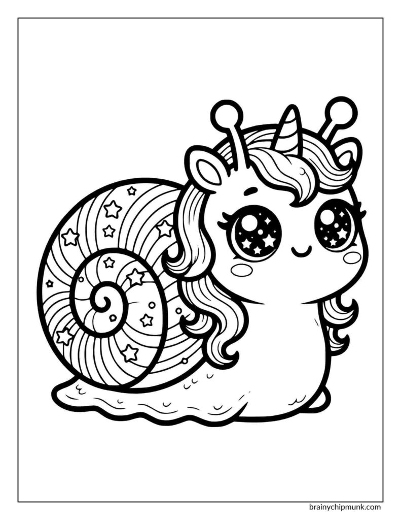 A snail coloring page in which a cute cartoon snail with unicorn horn and antennae, large starry eyes, and a patterned shell with stripes and stars. Whimsical and cheerful.