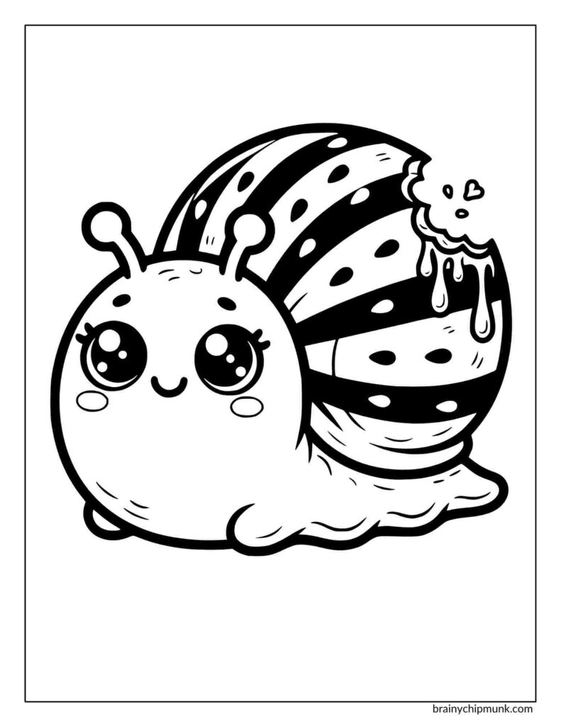Cute coloring sheet of snail with a striped watermelon shell, large eyes, and a small smile. A bite mark oozes from the shell, adding a whimsical touch.