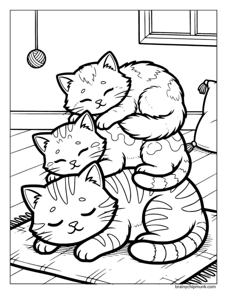 Three cartoon kittens are peacefully sleeping in a stack on a cozy rug in a living room. A yarn ball hangs nearby, adding a playful touch.