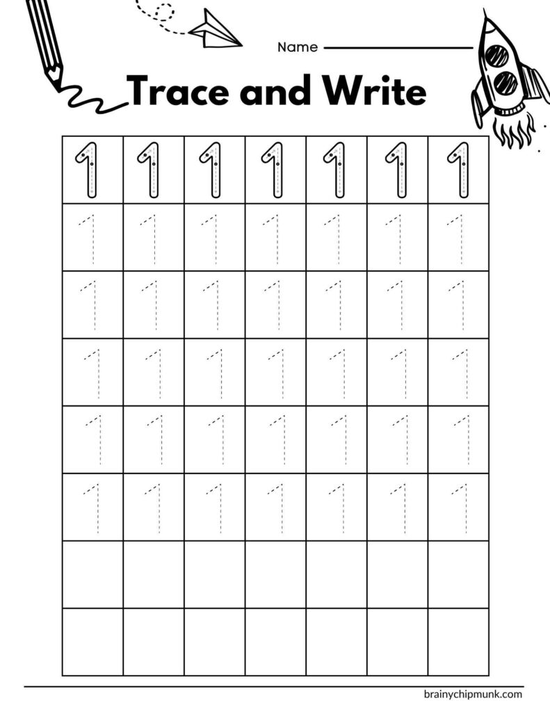 Worksheet titled "Trace and Write" with rows of number one for tracing. Decorated with pencil, paper airplane, and rocket illustrations. Playful and educational