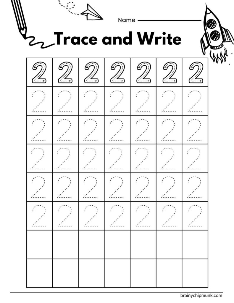 Worksheet titled "Trace and Write" with rows of digit two for tracing. Decorated with pencil, paper airplane, and rocket illustrations. Playful and educational.