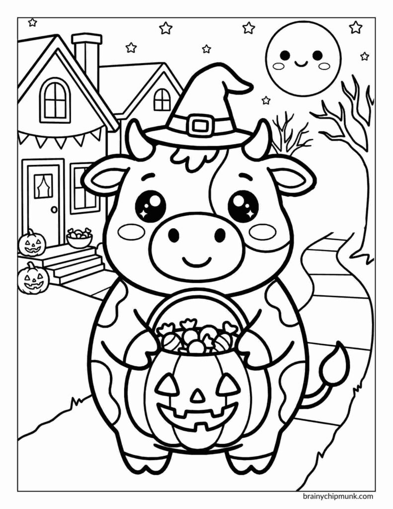 25 Super Cute Cow Coloring Pages Coloring page of a cow in a witch hat holds a candy-filled jack-o'-lantern bucket. Smiling moon and stars in a night sky above a decorated house. Halloween theme.