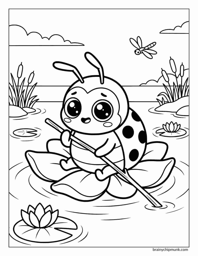 Cute ladybug coloring page with big eyes sitting on a lotus leaf, holding a stick to paddle in a pond. A dragonfly and reeds in the background.