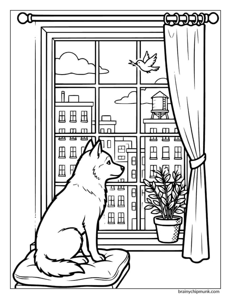 42 Cute Husky Coloring Pages A husky dog sits on a cushion by a window, gazing outside at a bird in flight. Husky Coloring pages to color.