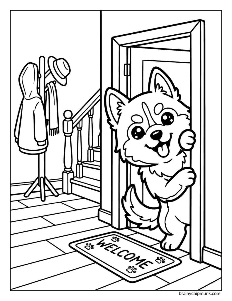 42 Cute Husky Coloring Pages Coloring page a cheerful husky peeks around an open door, wagging its tail. A "Welcome" mat with paw prints lies nearby, creating a warm, inviting scene.