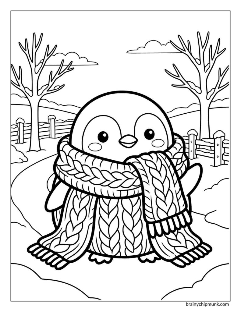 A cute penguin bundled in a huge, patterned scarf stands on a snowy path, surrounded by bare trees and a wooden fence coloring page, conveying warmth and whimsy.