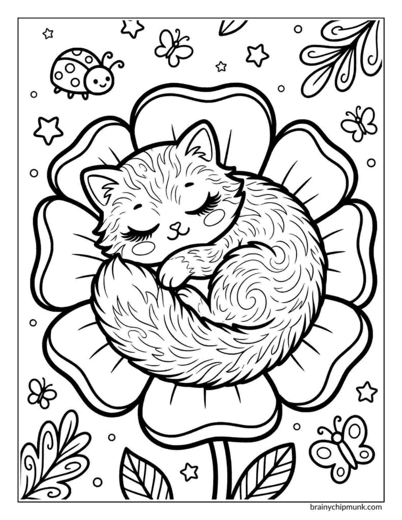 Cute kitten sleeping on a large flower surrounded by stars, butterflies, and a ladybug, creating a whimsical and serene scene.
