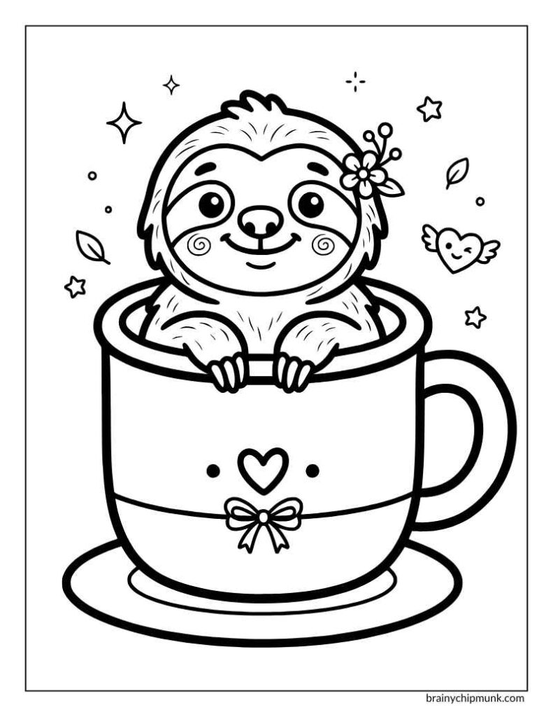 Cute babay sloth sitting in a cup and saucer surrounded by hearts and stars.