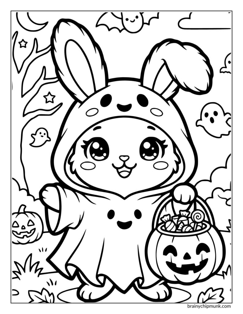 Cute bunny in a ghost costume holds a pumpkin bucket full of candy. Bats, ghosts, stars, and pumpkins decorate the Halloween-themed background.