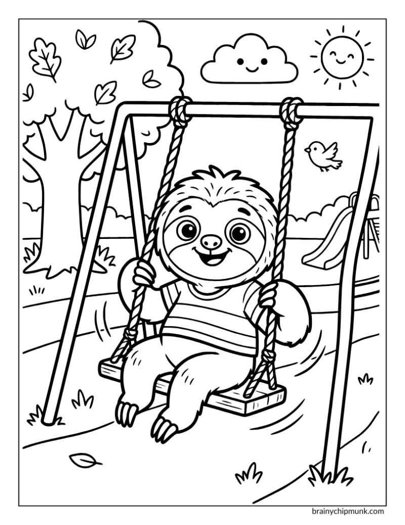 Sloth riding a swing in a park coloring page.