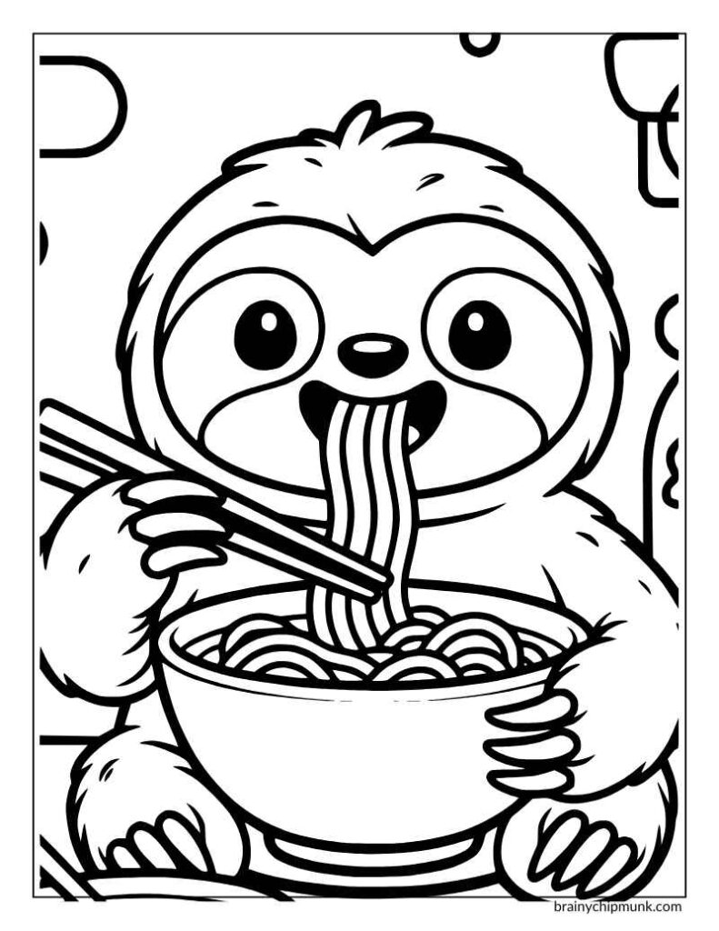 Sloth eating ramen from a bowl coloring page.