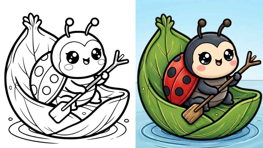 Cute ladybug cartoon rowing a leaf boat; left side black and white coloring page, right side in color. Happy expression, serene water setting.