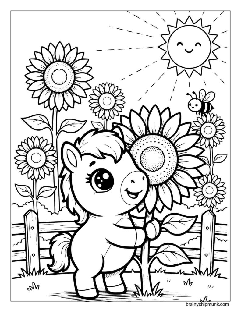 Coloring page features a pony with large eyes holds a blooming sunflower in a sunny garden. Around are more sunflowers, a smiling sun, and a flying bee.
