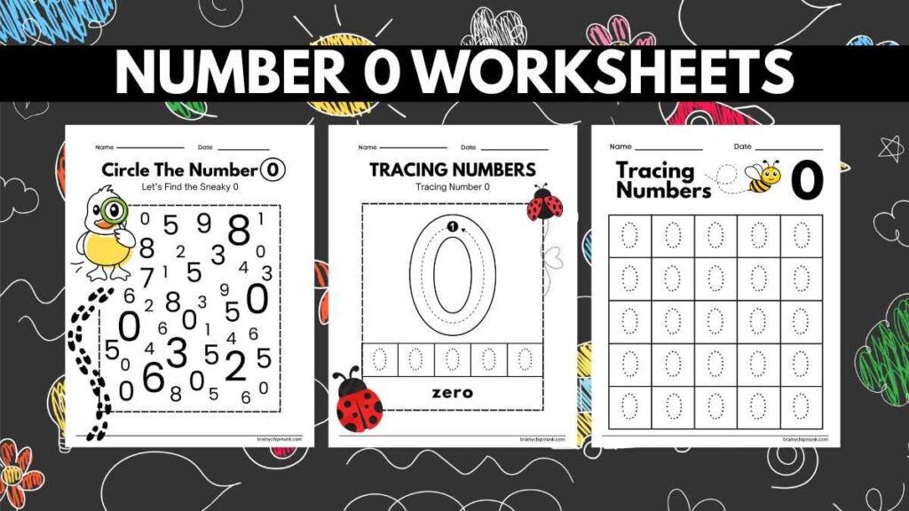 Three number 0 worksheets for kids on a blackboard-themed background. Left: Circle number 0 with a chick. Middle: Trace number 0 with ladybugs. Right: Trace number 0 with a bee. Vibrant, playful design.