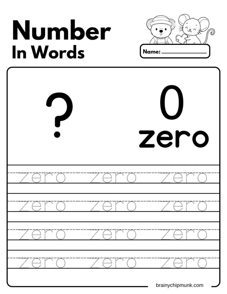 Workbook page for learning "zero" with number 0 and outlines for tracing. Features playful illustrations of a monkey and a mouse.