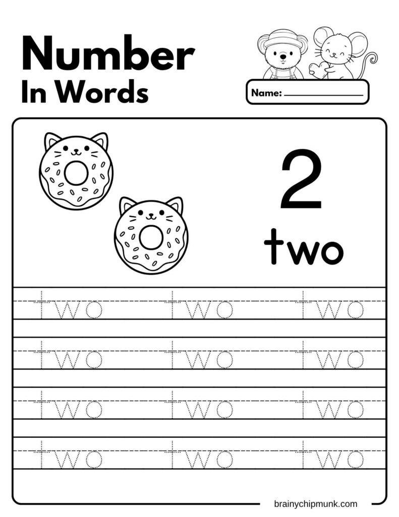 Workbook page for learning "two" with number 2 and outlines for tracing. Features playful illustrations of two cat face donuts to count. 