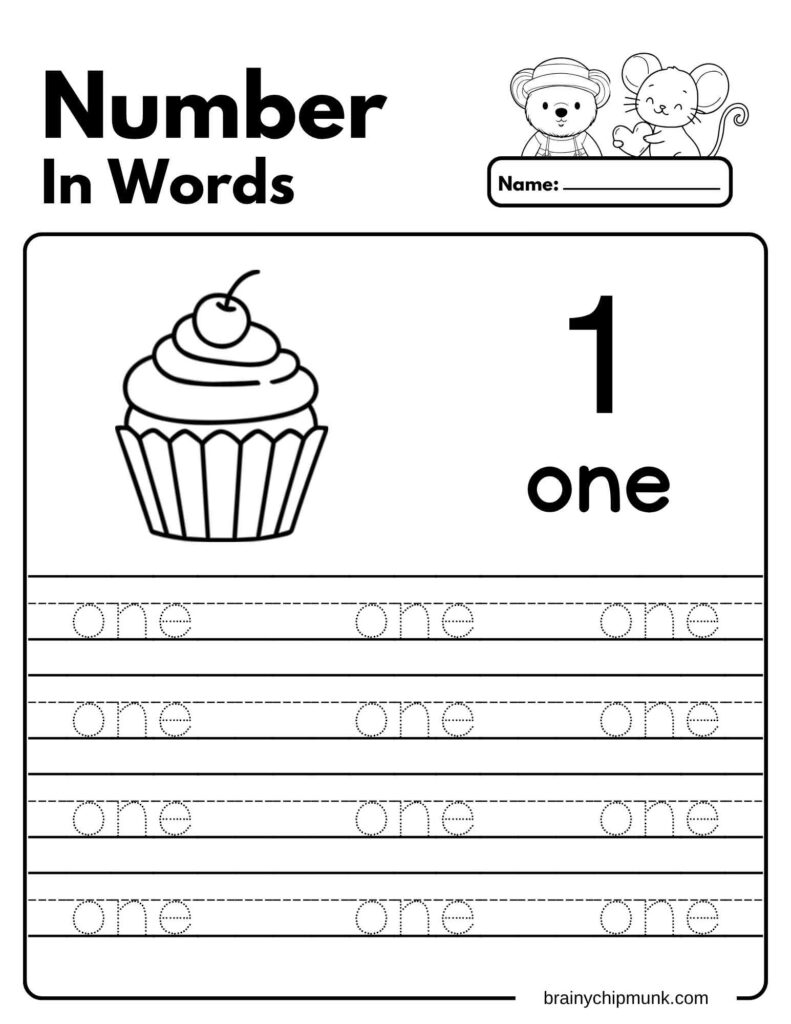 Workbook page for learning "one" with number 1 and outlines for tracing. Features playful illustrations of a cupcake to count one.