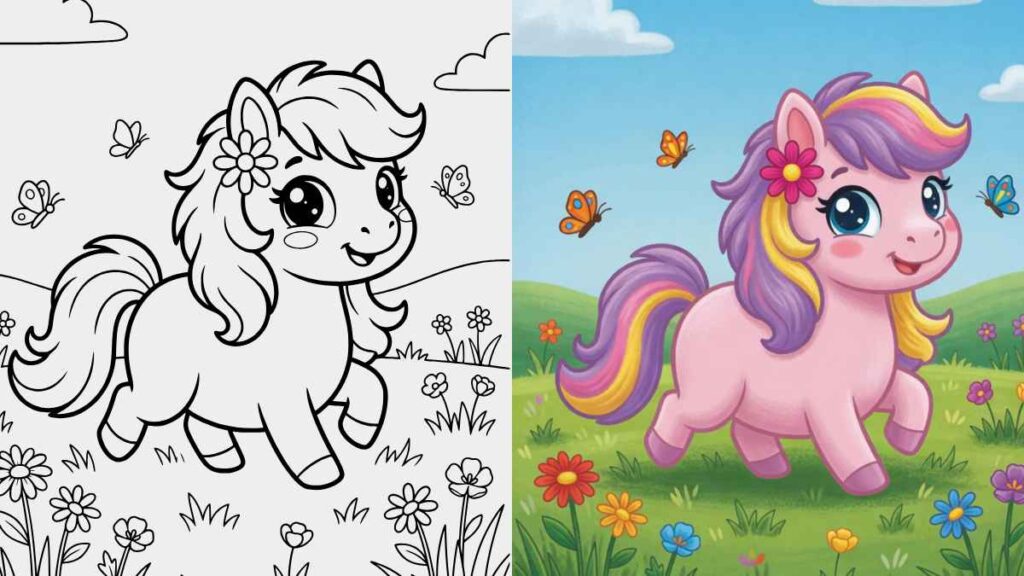 Split image of an adorable pony in a meadow. Left side is a black-and-white coloring page; right side is vibrant with pink pony, colorful mane, and butterflies.