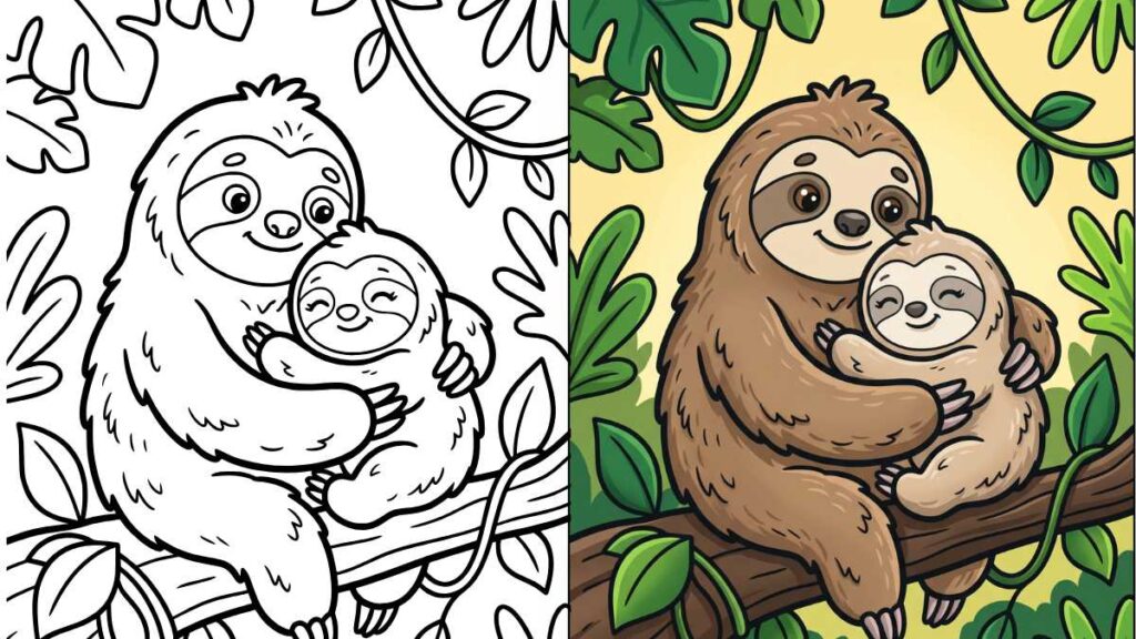 A mother sloth hugs a baby on a tree branch amid lush leaves. The left side is colored in warm earth tones, while the right is a black-and-white outline as a coloring page.