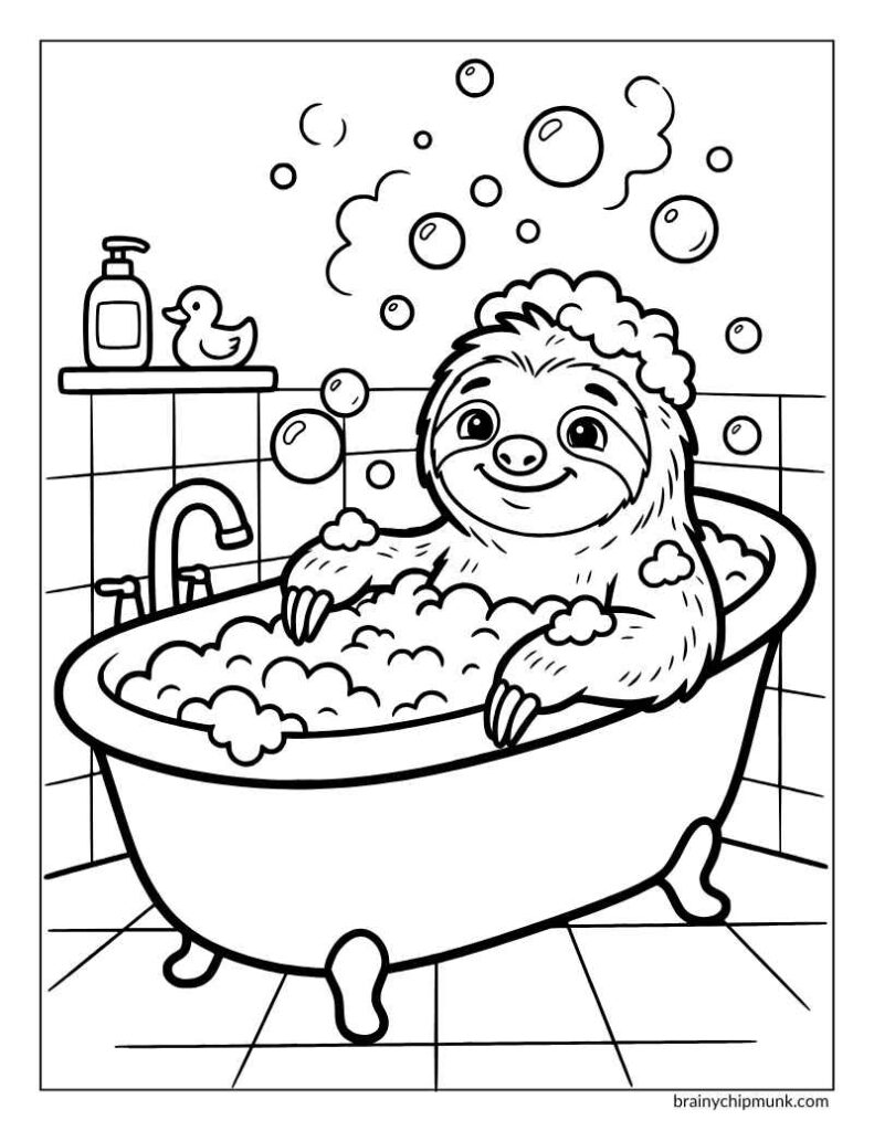 Sloth sitting in a bath tub taking a bath with bubbles all over the washroom.