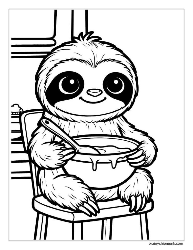 Smiling sloth sitting on a chair mixing in a bowl.