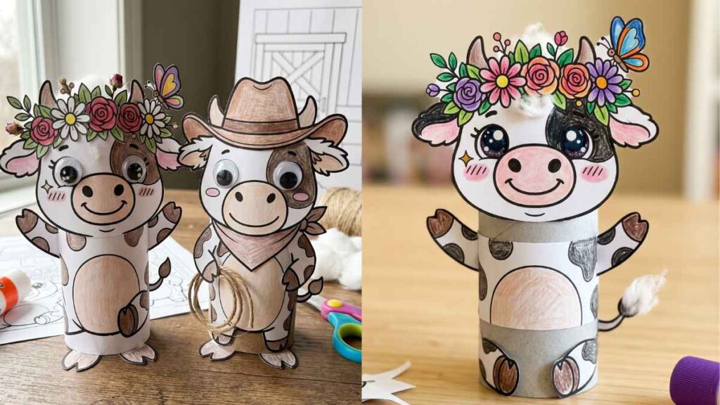 25 Super Cute Cow Coloring Pages Cute paper cow crafts are displayed on a table. One wears a floral crown, another a cowboy hat. They're colorfully decorated with cheerful expressions.