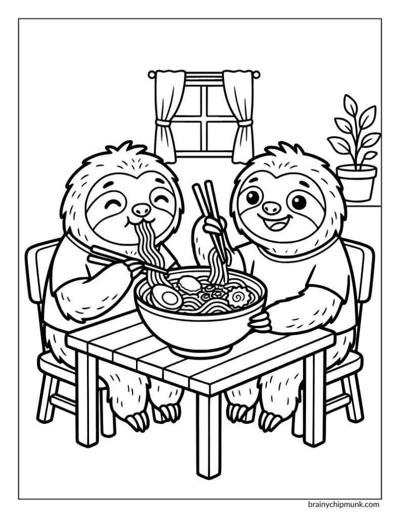 Two sloths sitting on dinning table and eating with chopsticks from a bowl of ramen noodles. A planter and a window in the background.